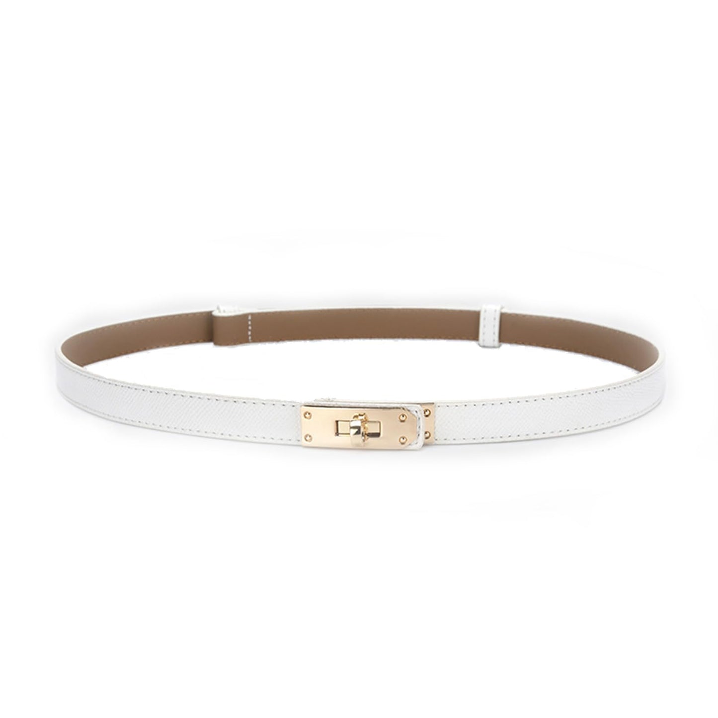 Women Skinny Leather Belt Gold Turn-Lock Buckle