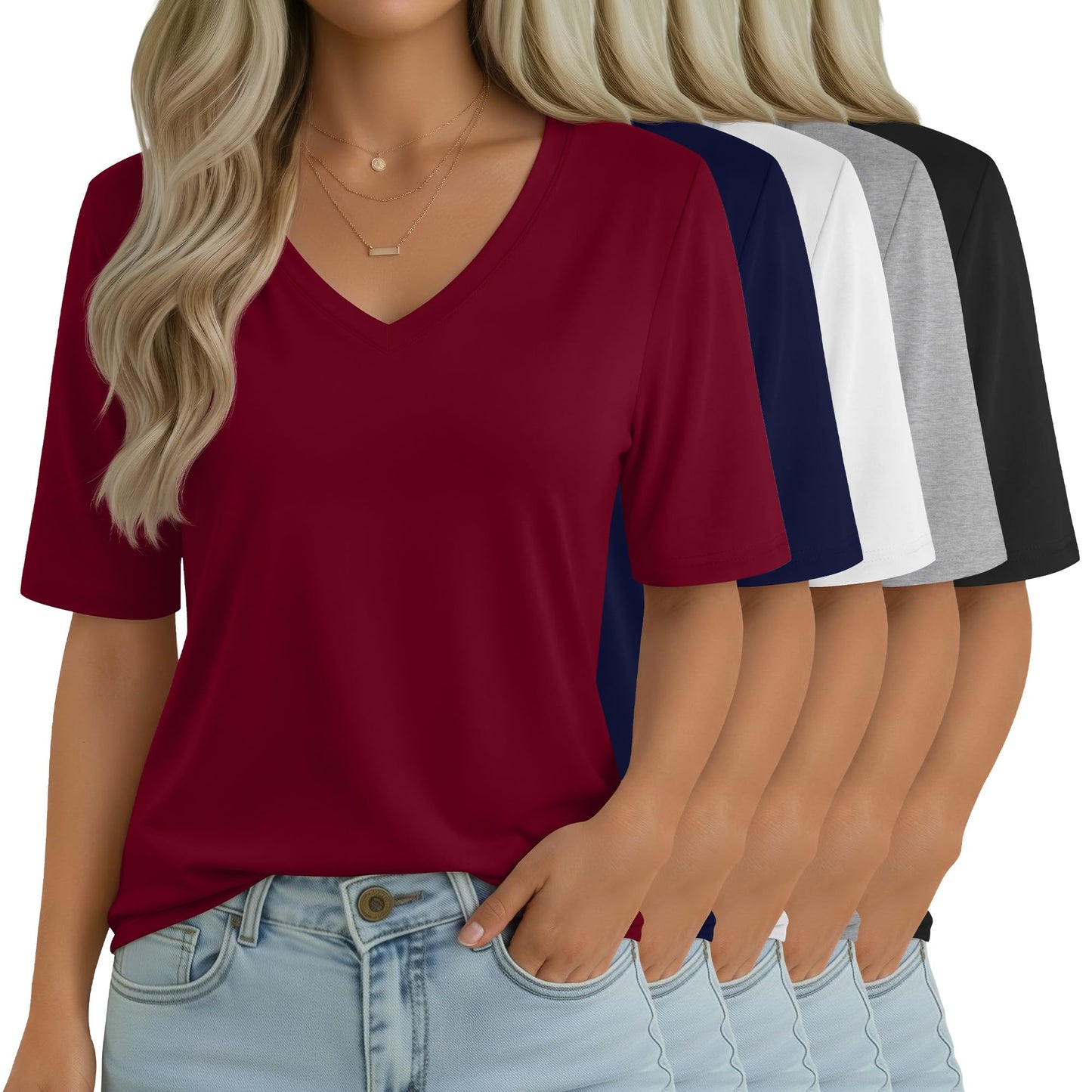 Women's V-Neck Half Sleeve T-Shirt 5-Pack Casual Tops