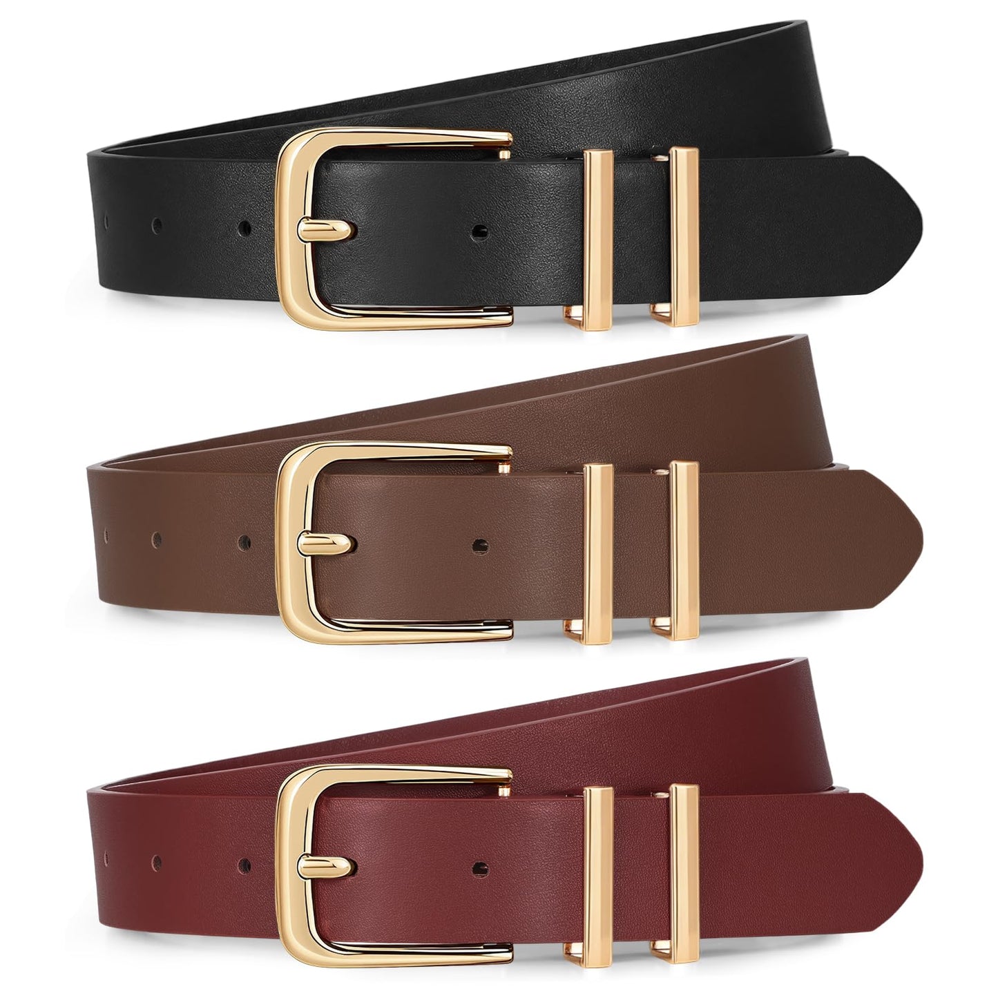 Women Leather Belts 3 Pack Gold Buckle Jeans Dress