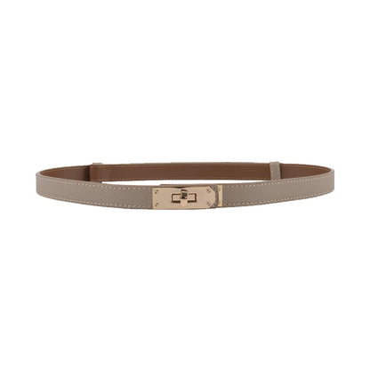 Women Skinny Leather Belt Gold Turn-Lock Buckle