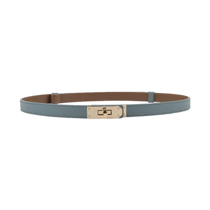 Women Skinny Leather Belt Gold Turn-Lock Buckle