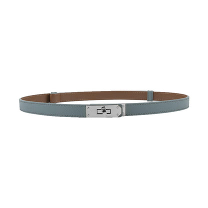 Women Skinny Leather Belt Gold Turn-Lock Buckle