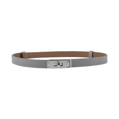 Women Skinny Leather Belt Gold Turn-Lock Buckle