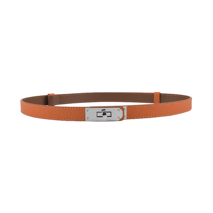 Women Skinny Leather Belt Gold Turn-Lock Buckle