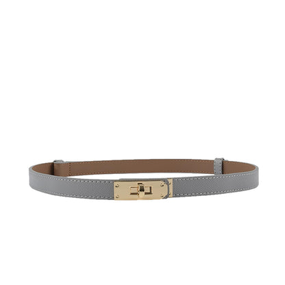 Women Skinny Leather Belt Gold Turn-Lock Buckle