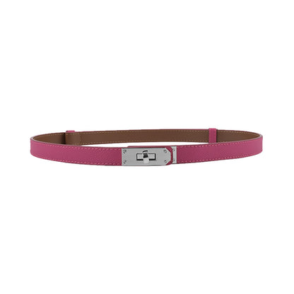 Women Skinny Leather Belt Gold Turn-Lock Buckle
