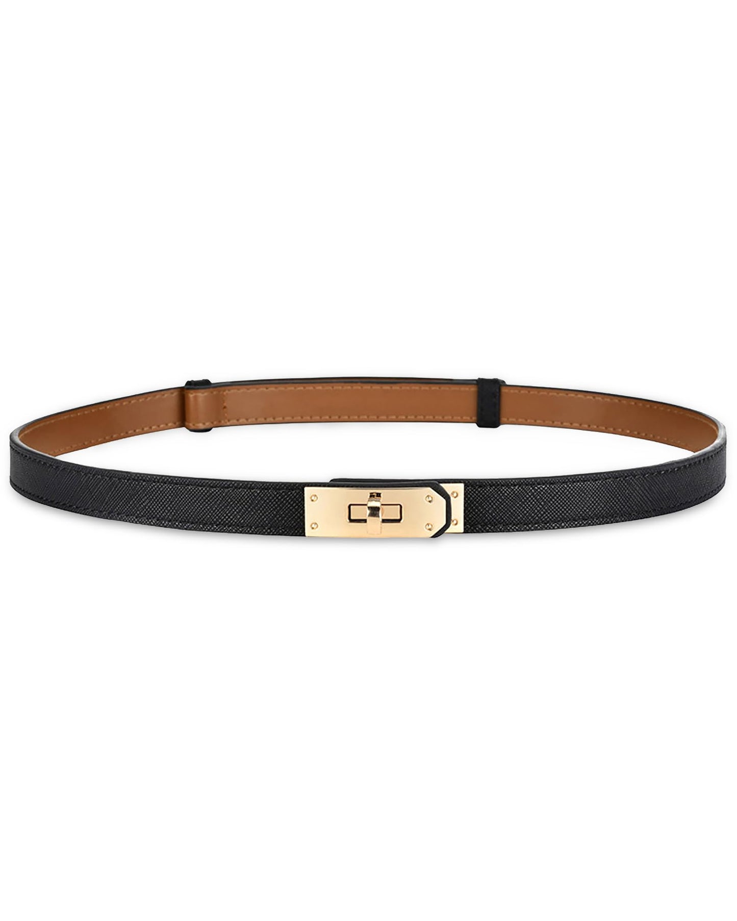 Women Skinny Leather Belt Gold Turn-Lock Buckle