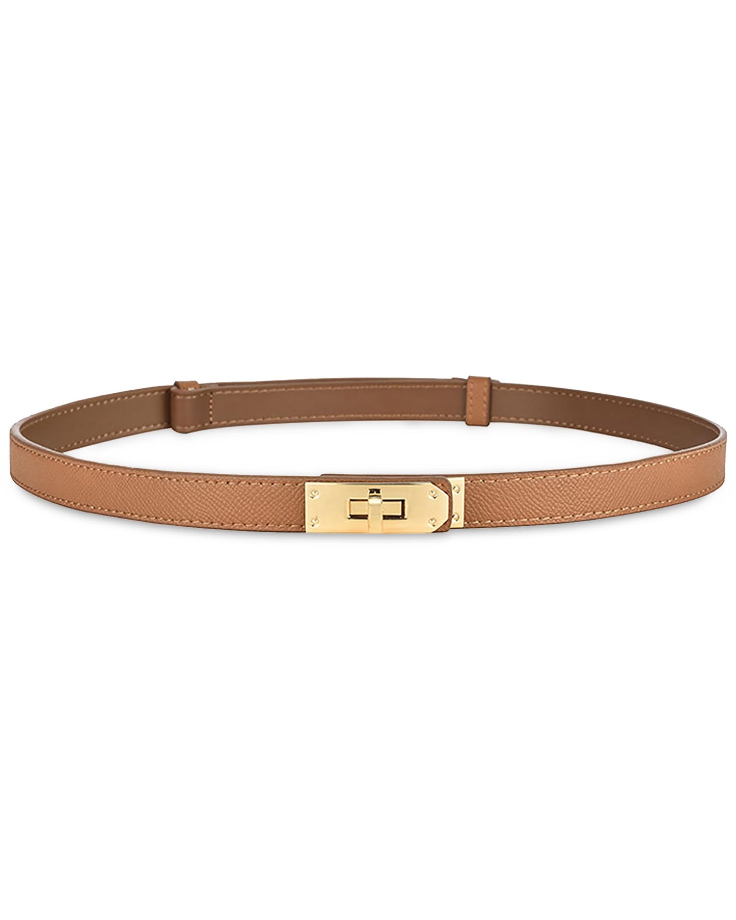 Women Skinny Leather Belt Gold Turn-Lock Buckle