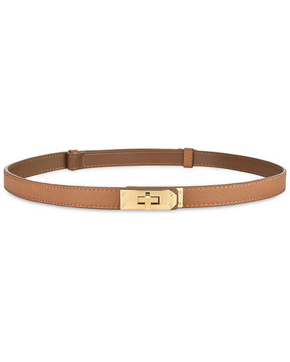 Women Skinny Leather Belt Gold Turn-Lock Buckle