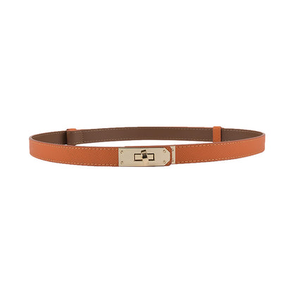 Women Skinny Leather Belt Gold Turn-Lock Buckle