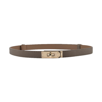 Women Skinny Leather Belt Gold Turn-Lock Buckle