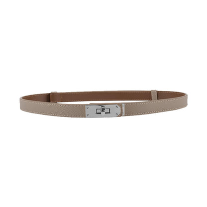 Women Skinny Leather Belt Gold Turn-Lock Buckle