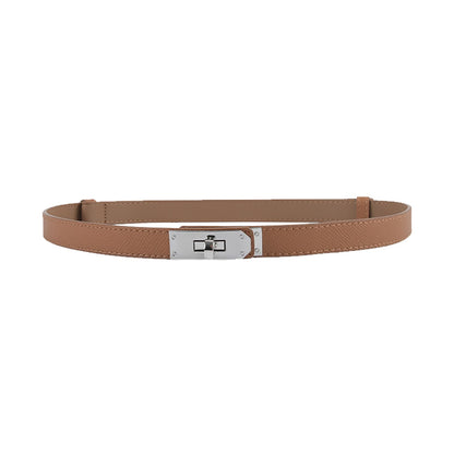 Women Skinny Leather Belt Gold Turn-Lock Buckle