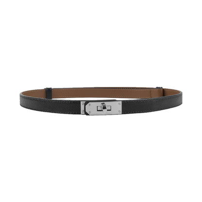 Women Skinny Leather Belt Gold Turn-Lock Buckle
