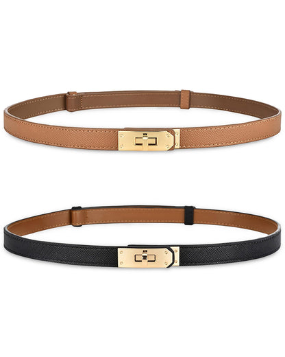 Women Skinny Leather Belt Gold Turn-Lock Buckle