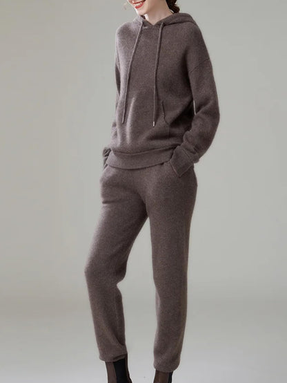 Women Wool Hooded Knit Jogger Set Two Piece Tracksuit