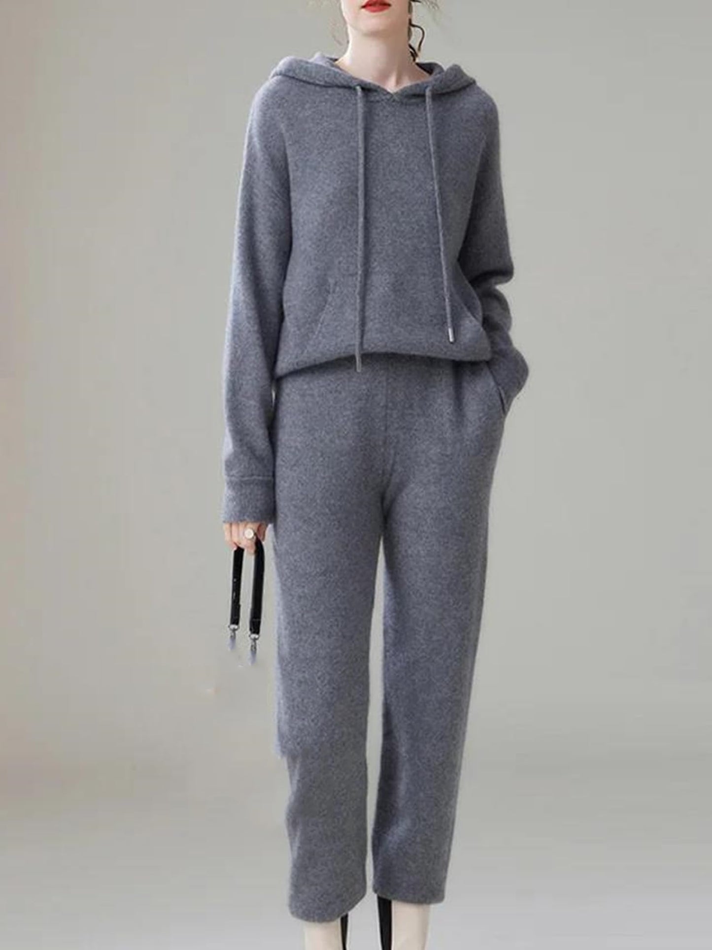 Women Wool Hooded Knit Jogger Set Two Piece Tracksuit