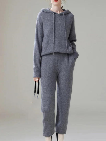 Women Wool Hooded Knit Jogger Set Two Piece Tracksuit