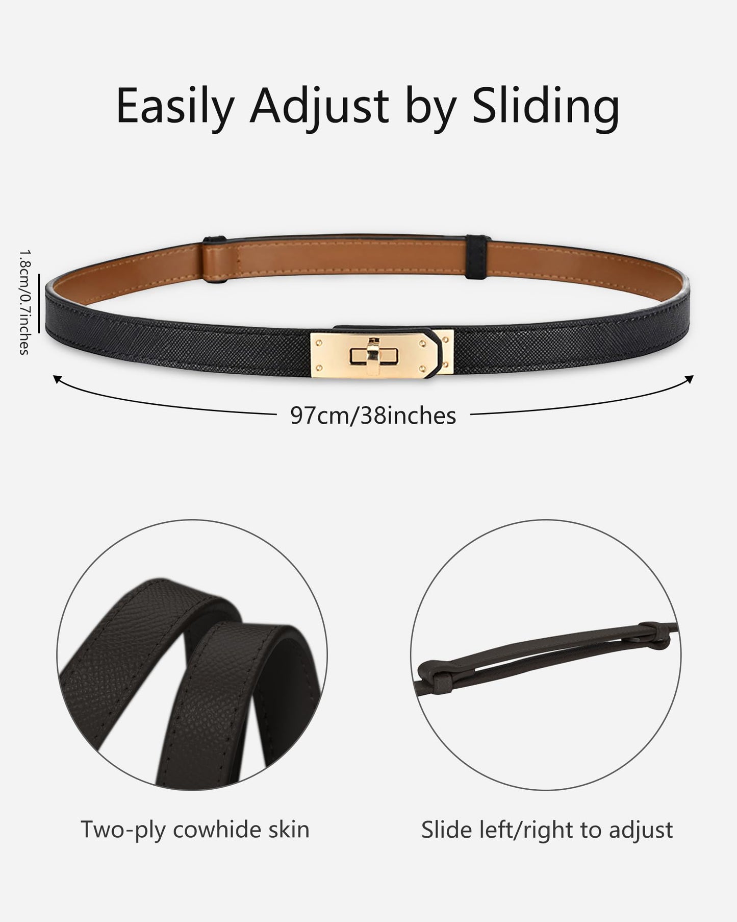 Women Skinny Leather Belt Gold Turn-Lock Buckle