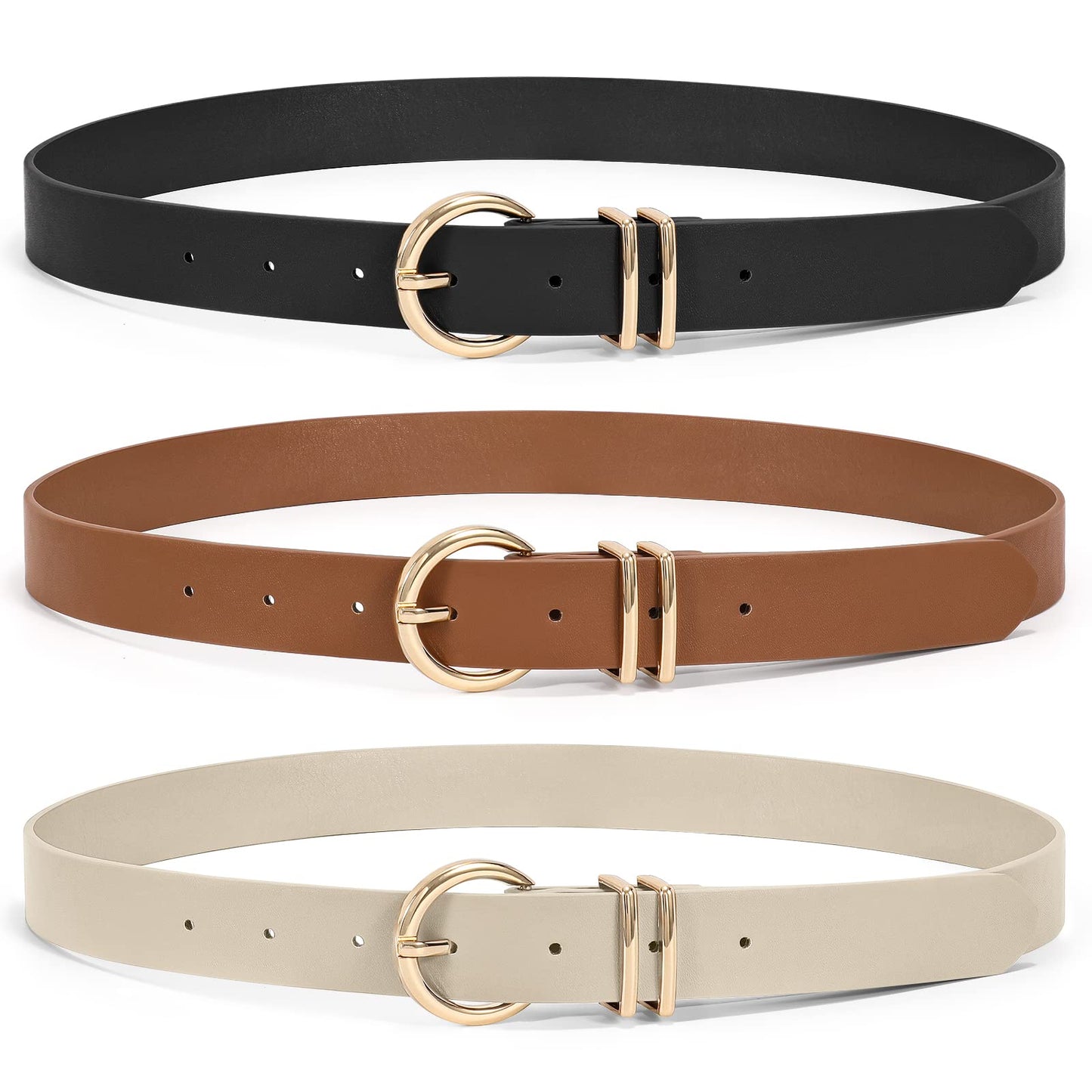 Women Leather Belts 3 Pack Gold Buckle Jeans Dress