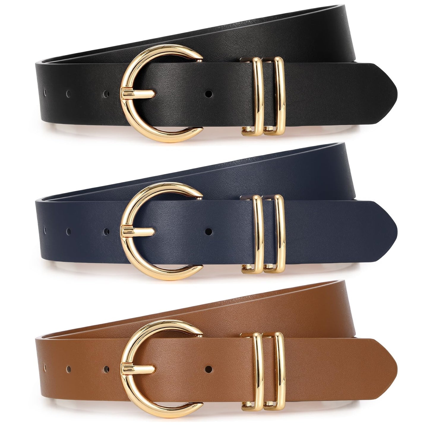 Women Leather Belts 3 Pack Gold Buckle Jeans Dress