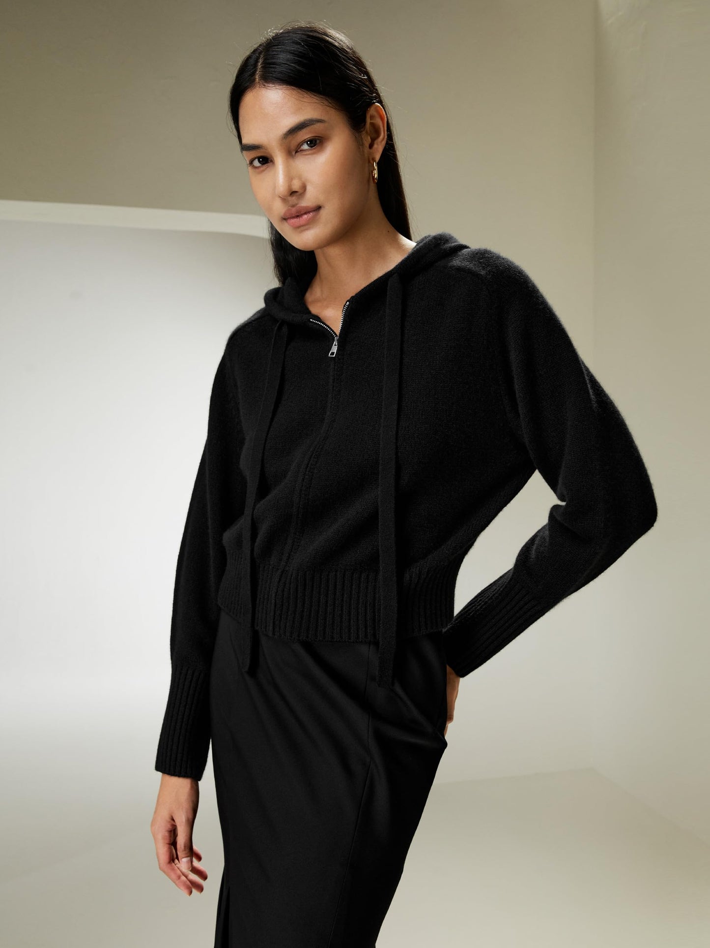 Wool Cashmere Zip Hoodie Cardigan Lightweight Knit Sweater