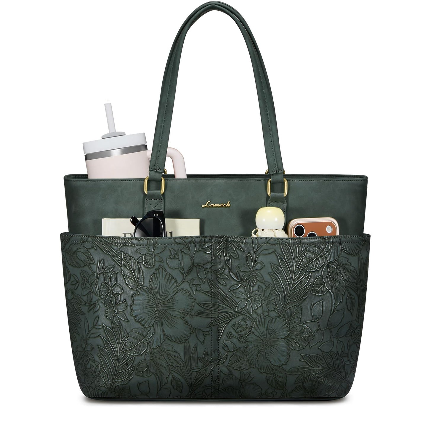 Women Vintage Leather Laptop Tote Bag Cup Holder Briefcase