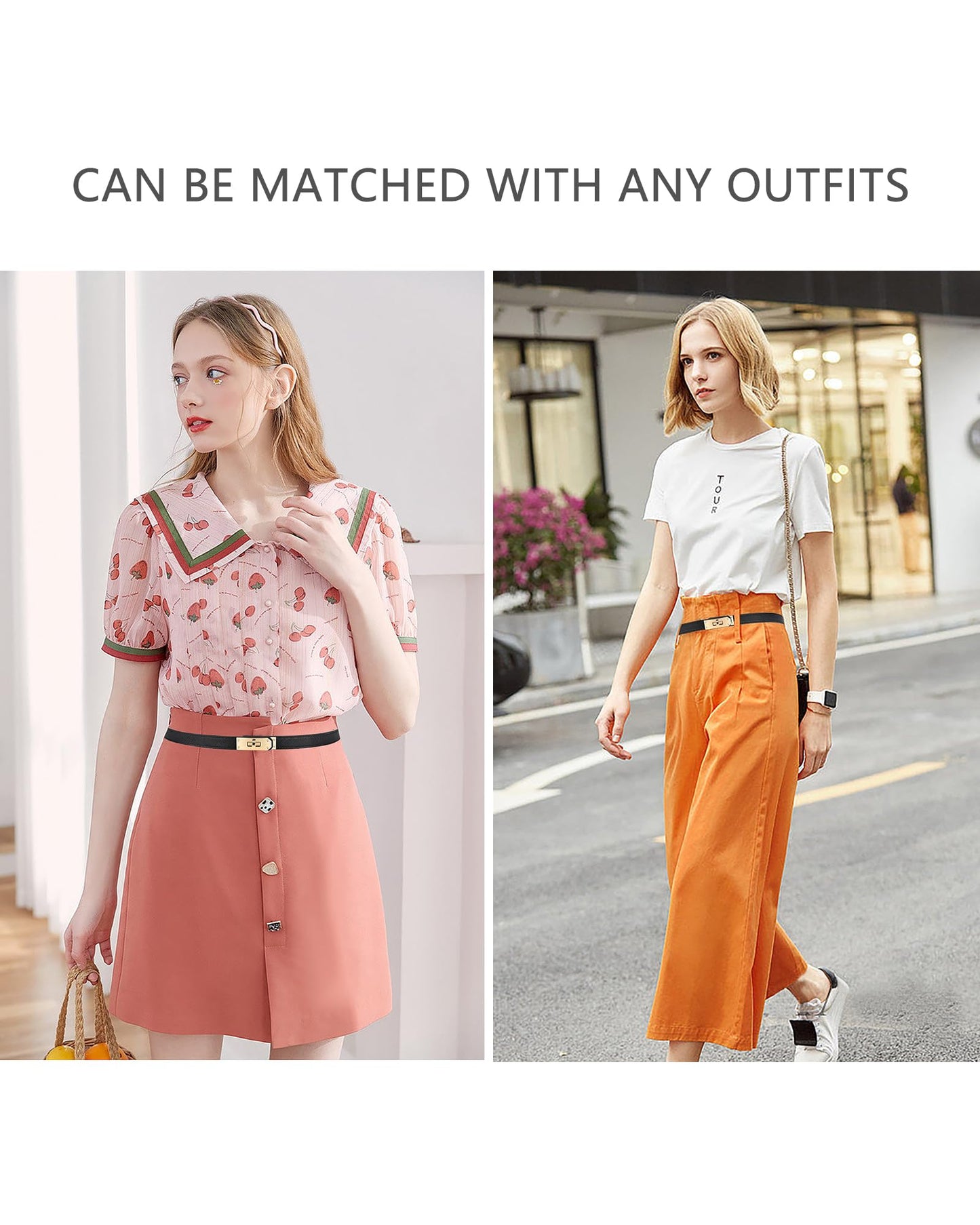 Women Skinny Leather Belt Gold Turn-Lock Buckle