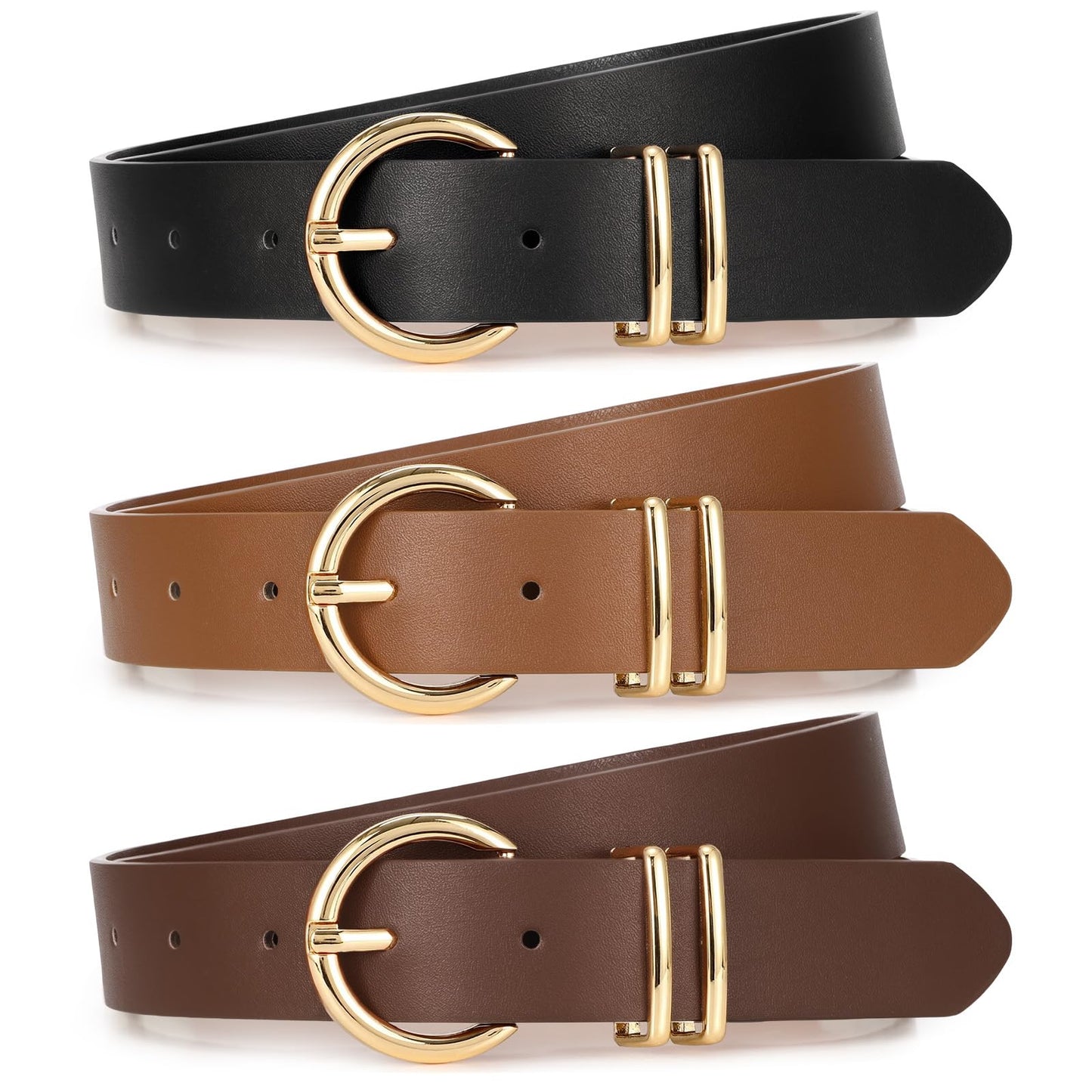 Women Leather Belts 3 Pack Gold Buckle Jeans Dress