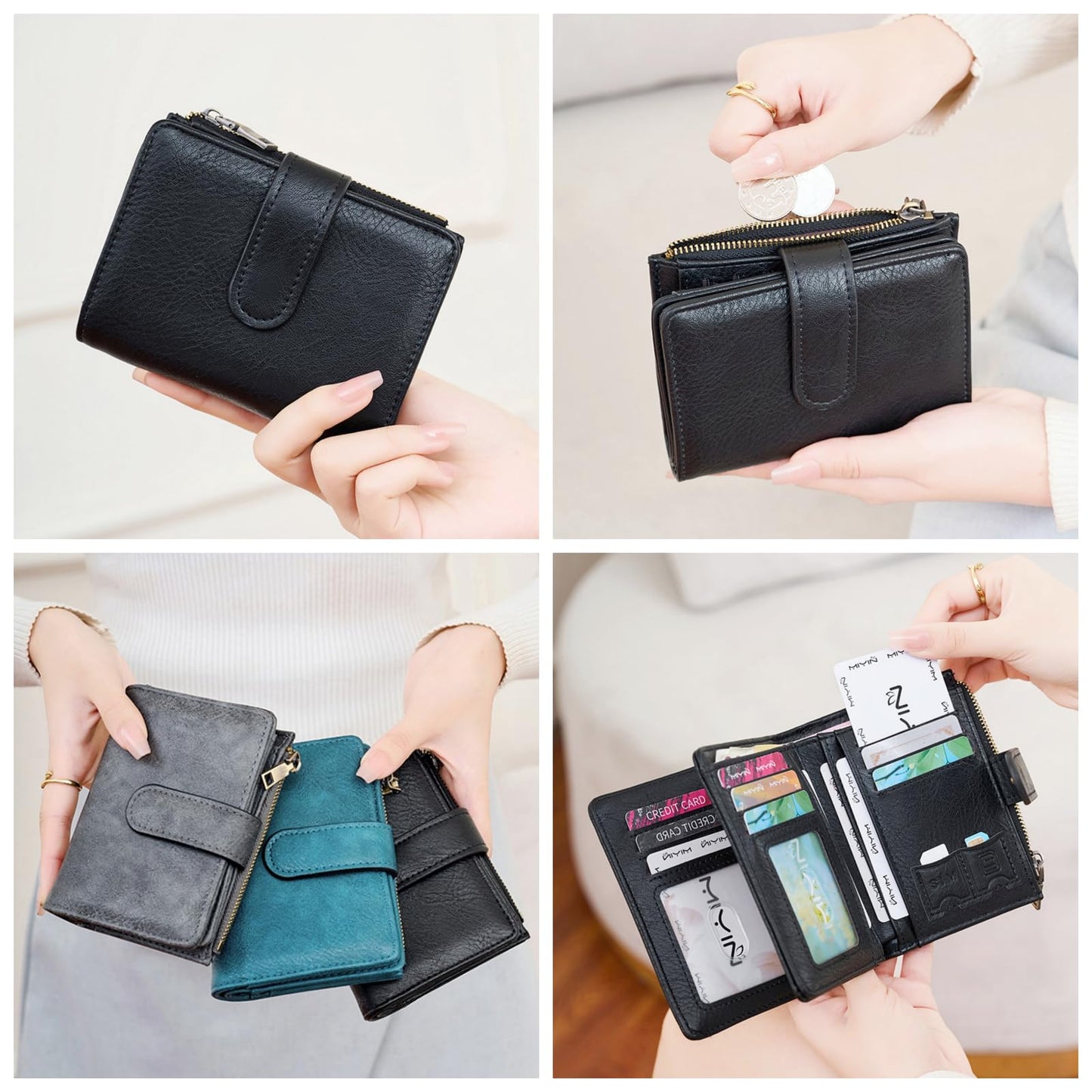 Small RFID Leather Bifold Wallet Coin Pocket Zipper