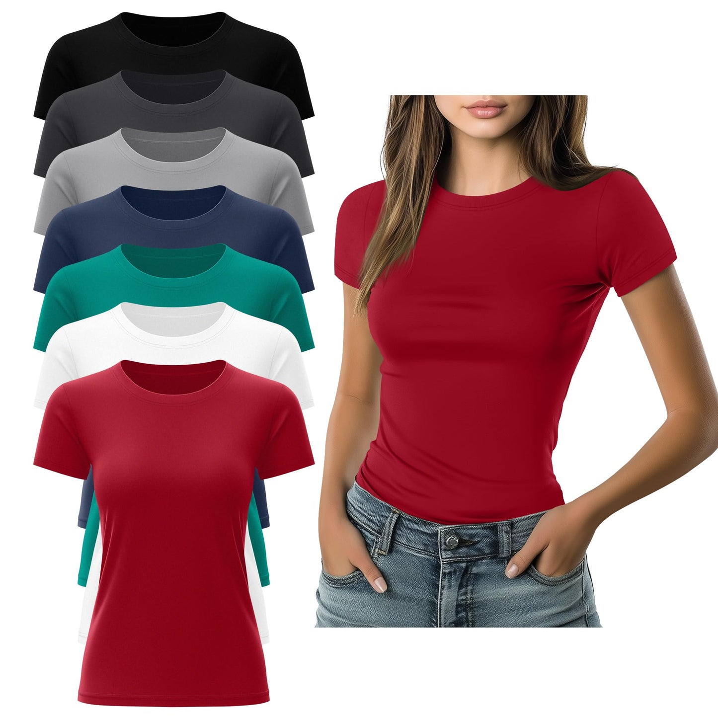 Women's Fitted Crewneck T-Shirt 7-Pack Slim Tops