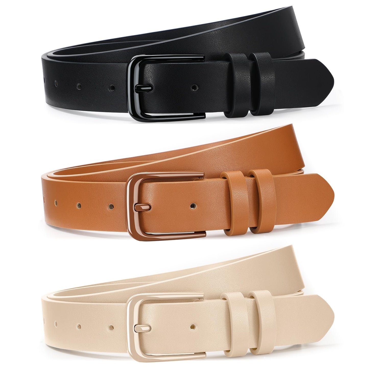 Women Leather Belts 3 Pack Gold Buckle Jeans Dress