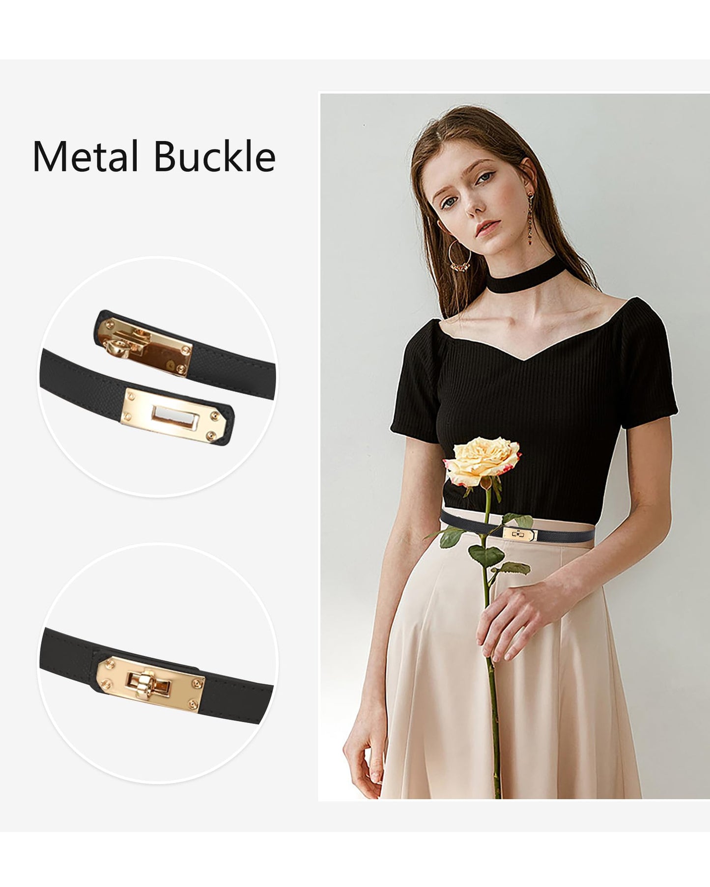 Women Skinny Leather Belt Gold Turn-Lock Buckle