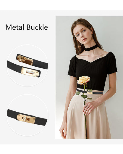 Women Skinny Leather Belt Gold Turn-Lock Buckle