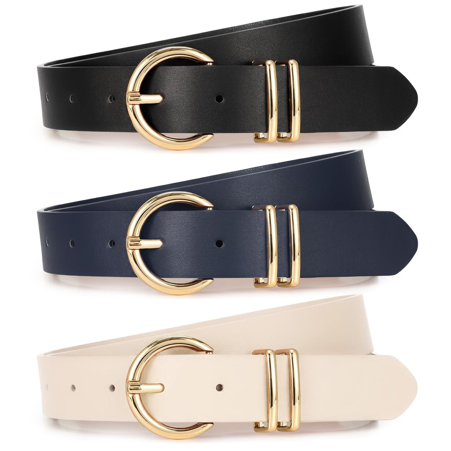 Women Leather Belts 3 Pack Gold Buckle Jeans Dress