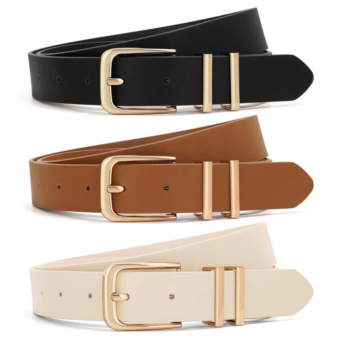 Women Leather Belts 3 Pack Gold Buckle Jeans Dress
