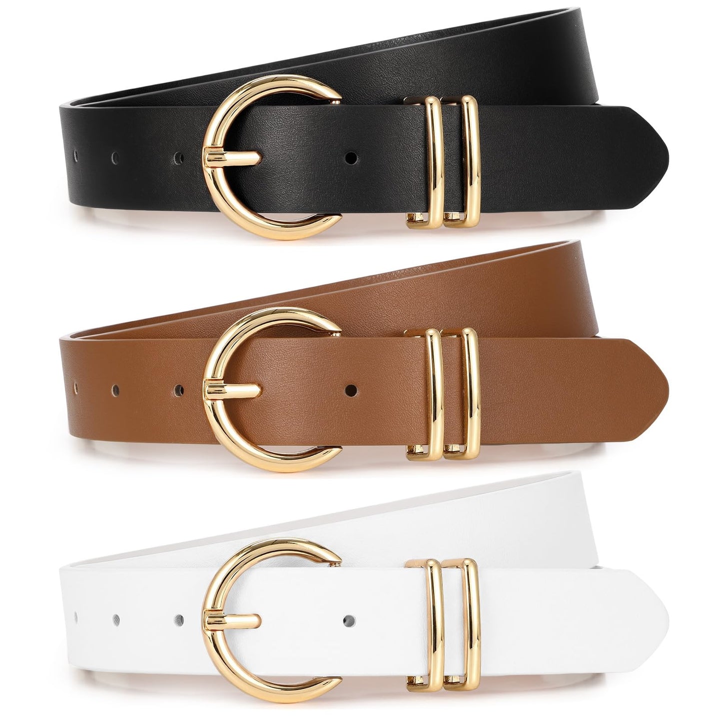 Women Leather Belts 3 Pack Gold Buckle Jeans Dress