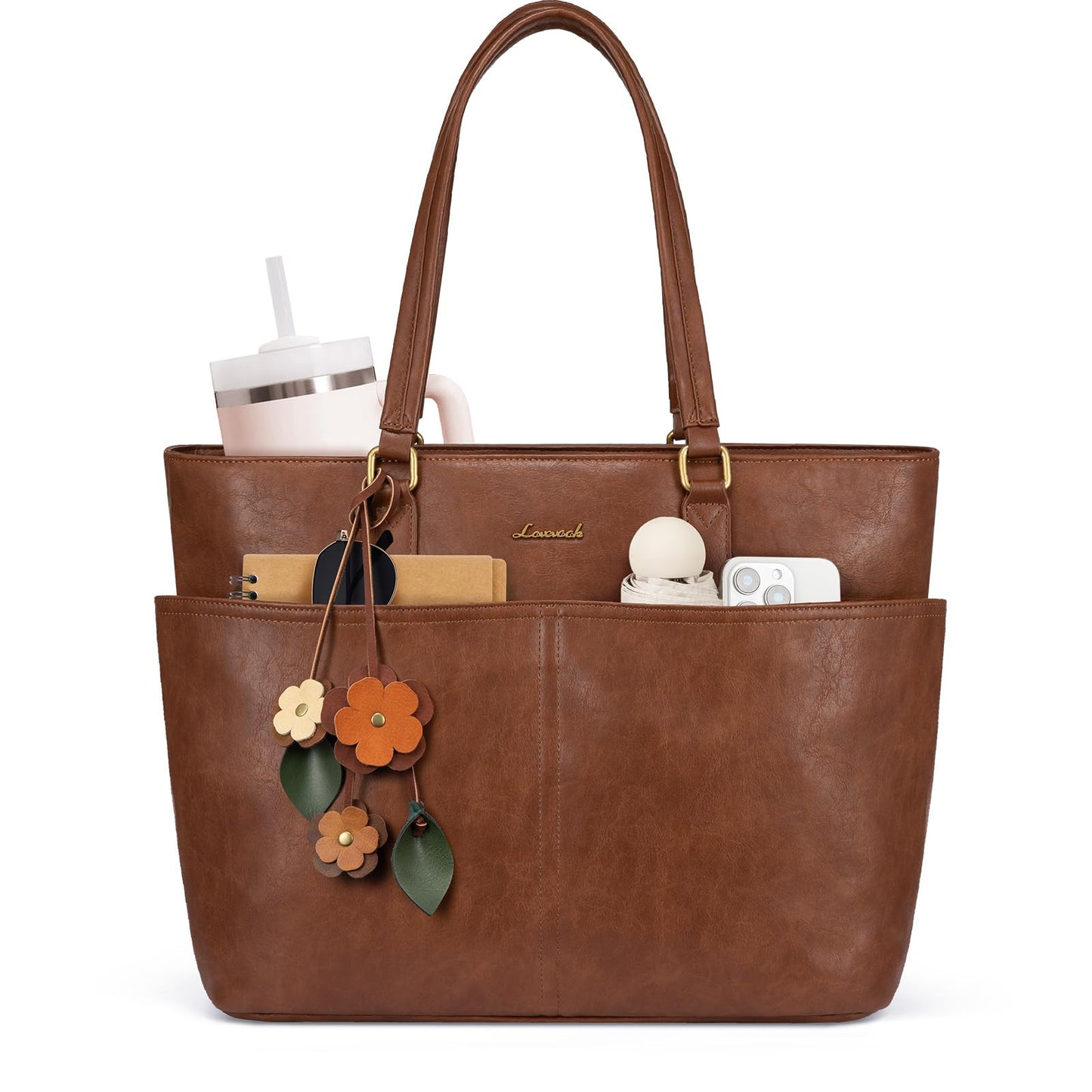 Women Vintage Leather Laptop Tote Bag Cup Holder Briefcase
