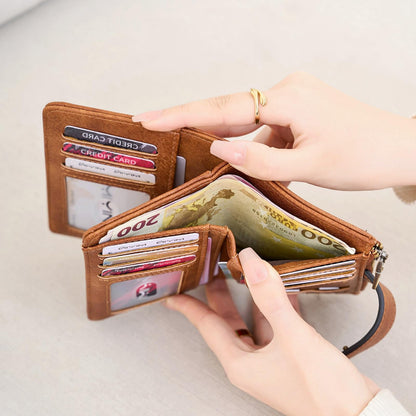 Small RFID Leather Bifold Wallet Coin Pocket Zipper
