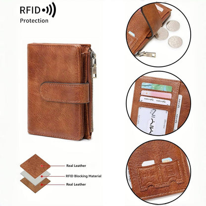Small RFID Leather Bifold Wallet Coin Pocket Zipper