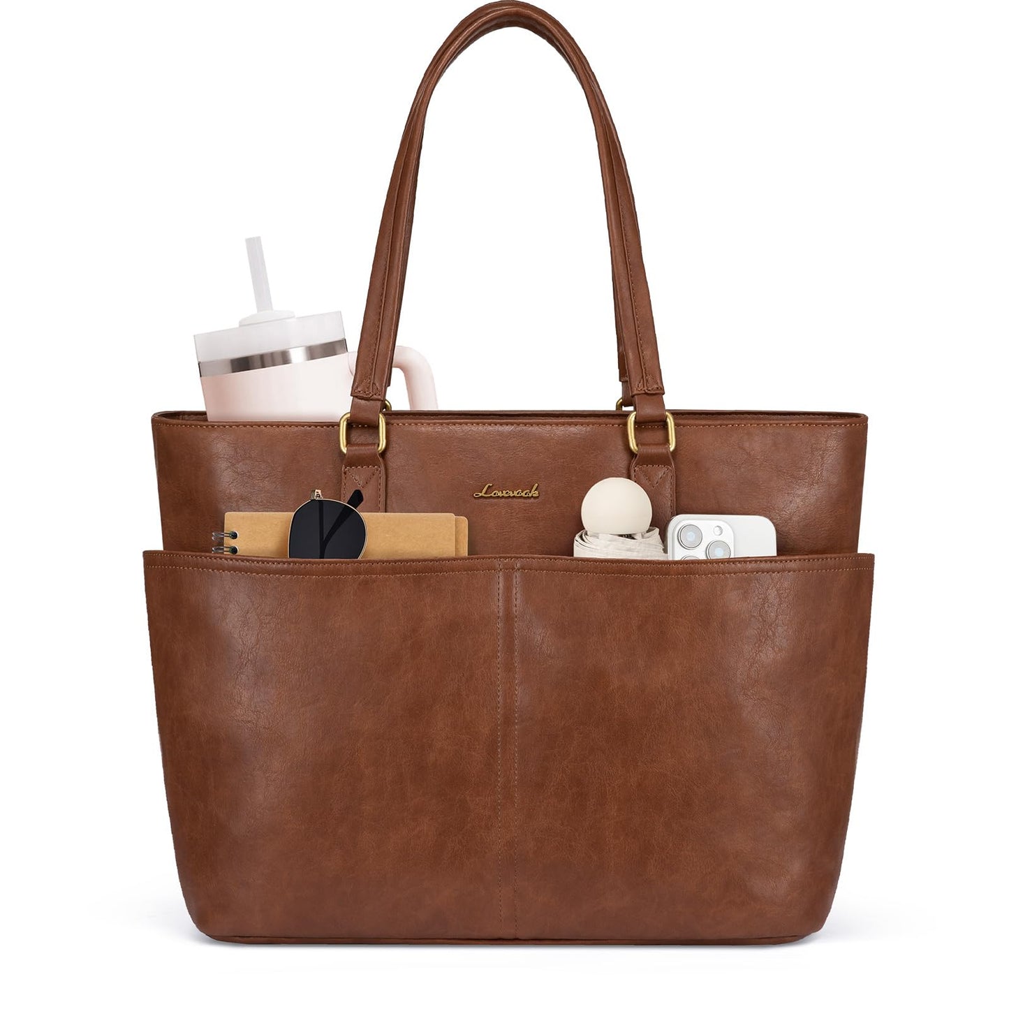 Women Vintage Leather Laptop Tote Bag Cup Holder Briefcase