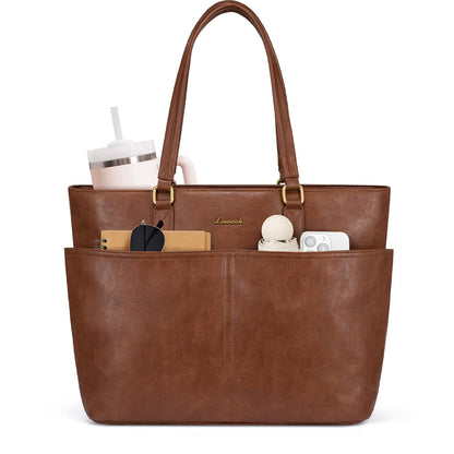 Women Vintage Leather Laptop Tote Bag Cup Holder Briefcase