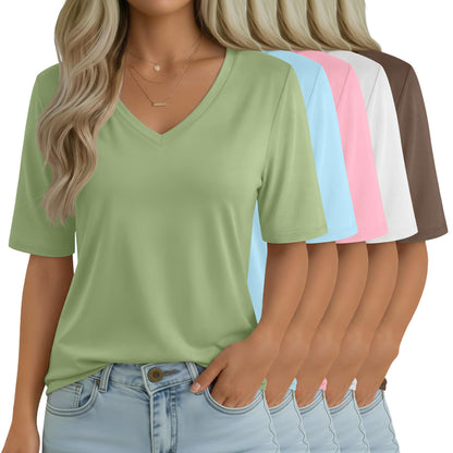 Women's V-Neck Half Sleeve T-Shirt 5-Pack Casual Tops