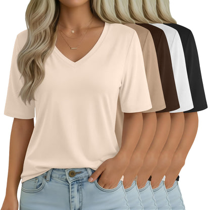Women's V-Neck Half Sleeve T-Shirt 5-Pack Casual Tops
