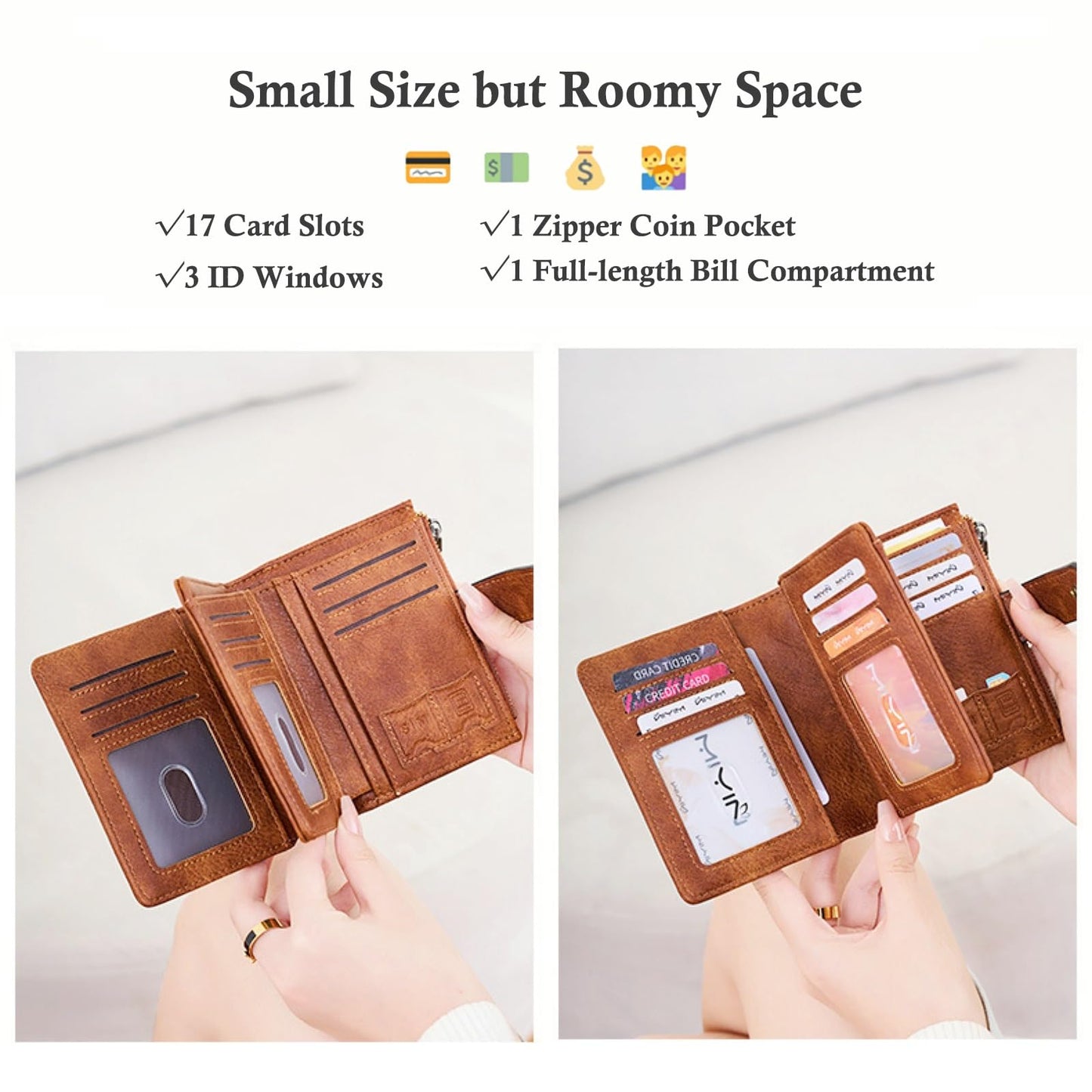 Small RFID Leather Bifold Wallet Coin Pocket Zipper