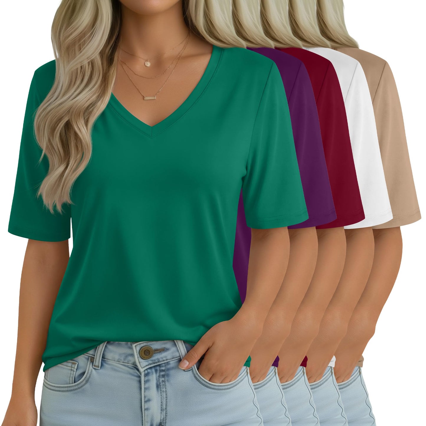 Women's V-Neck Half Sleeve T-Shirt 5-Pack Casual Tops