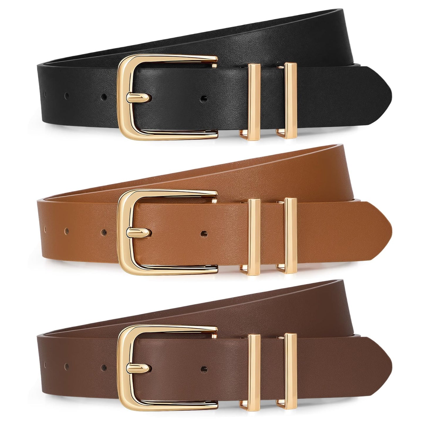 Women Leather Belts 3 Pack Gold Buckle Jeans Dress