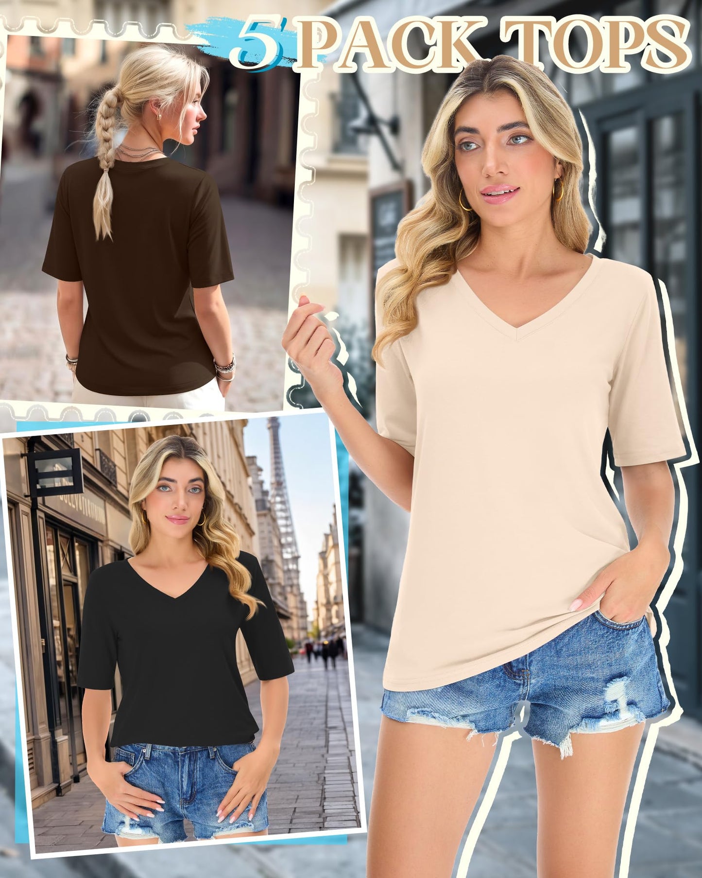 Women's V-Neck Half Sleeve T-Shirt 5-Pack Casual Tops