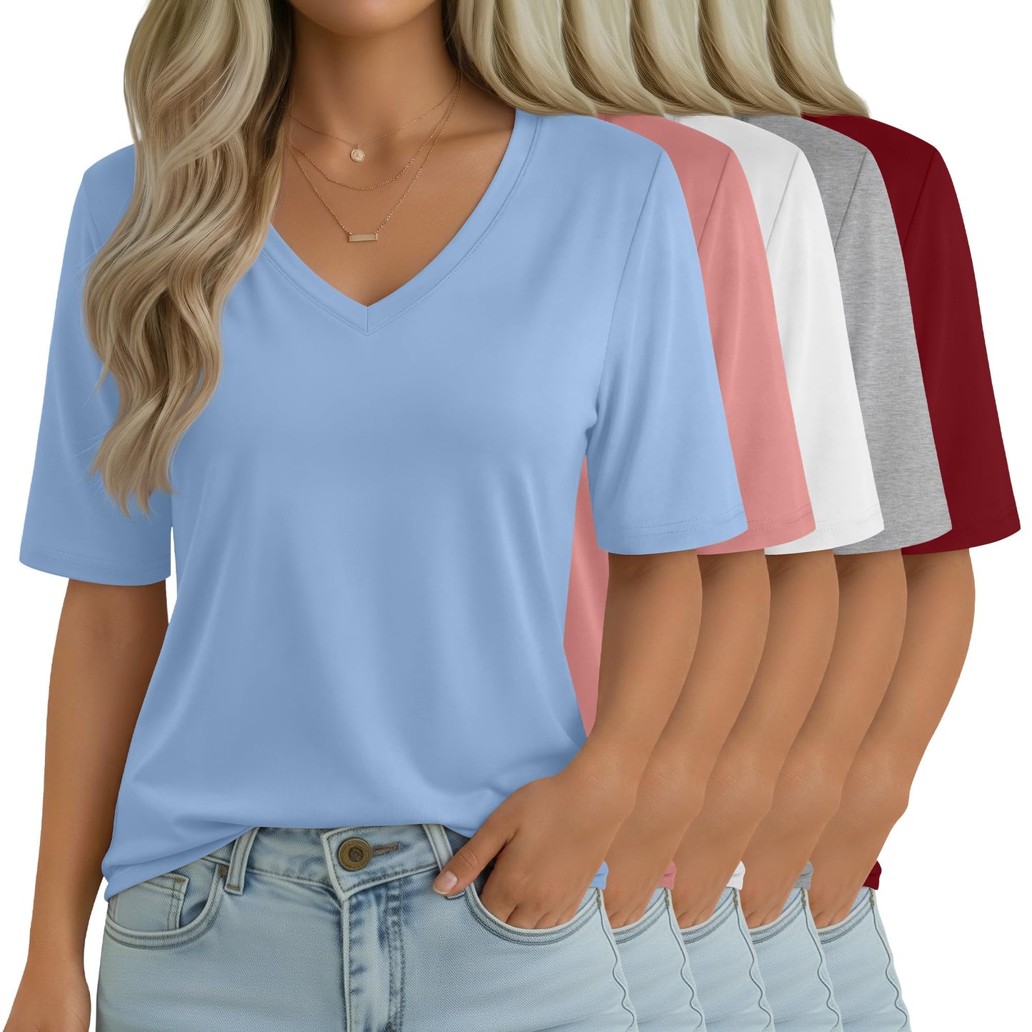 Women's V-Neck Half Sleeve T-Shirt 5-Pack Casual Tops