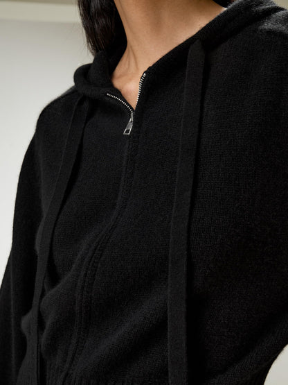 Wool Cashmere Zip Hoodie Cardigan Lightweight Knit Sweater